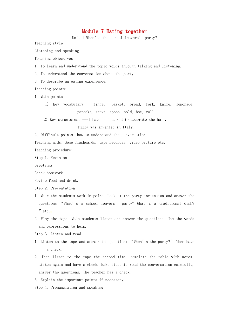 九年级英语下册 Module 7 Eating together教案 外研版_第1页