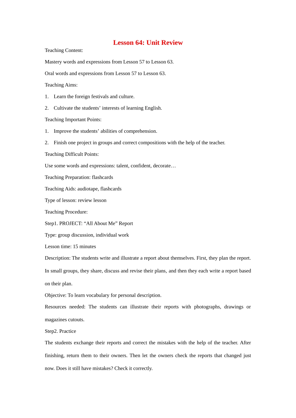 八年级英语上：Unit 8 Celebrating Me教案（冀教版）_第1页