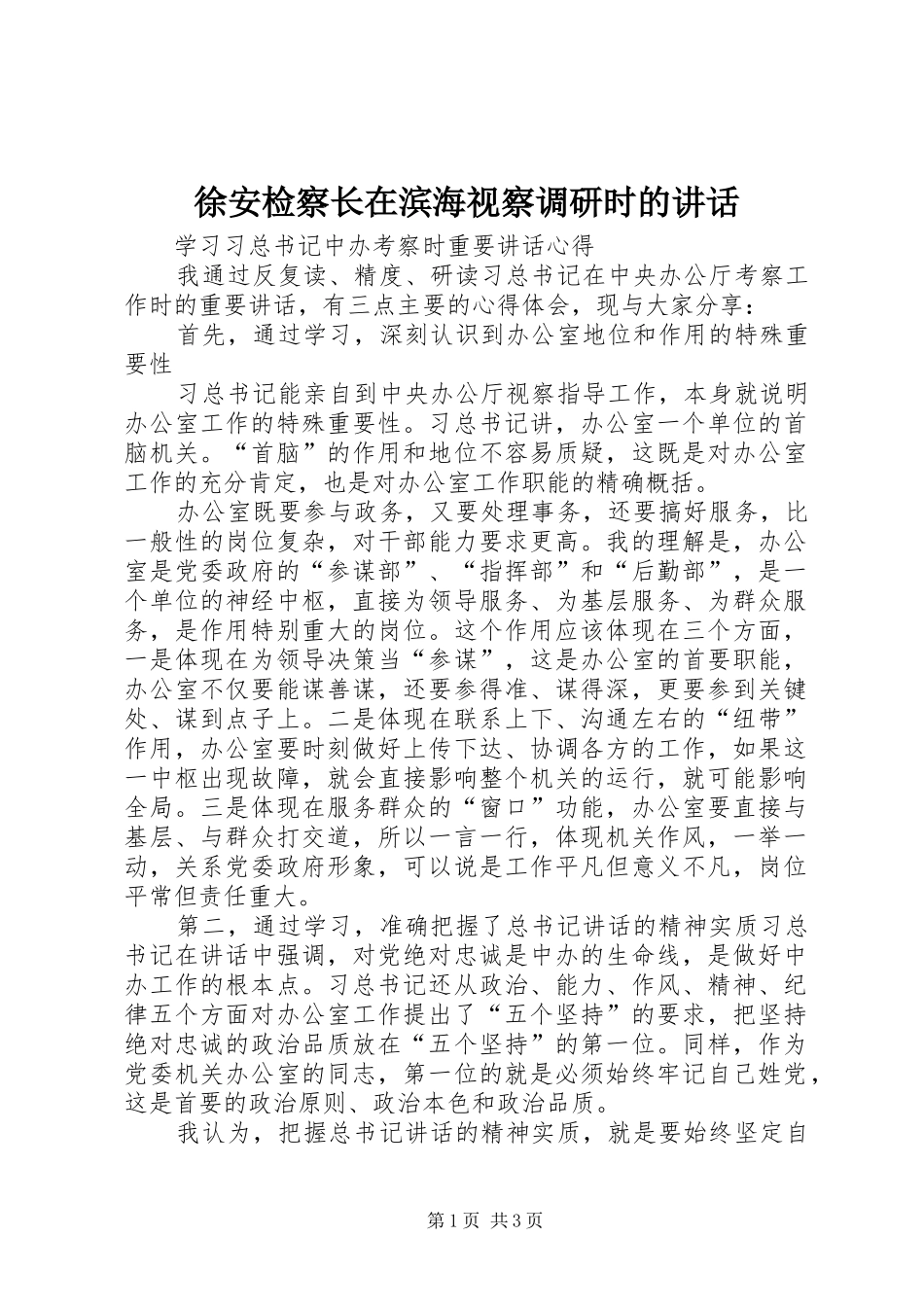 徐安检察长在滨海视察调研时的讲话发言_第1页