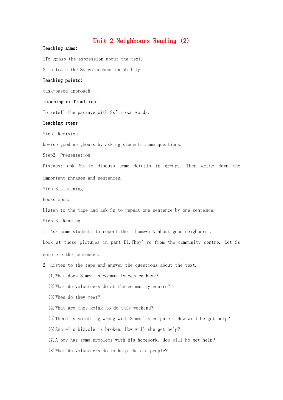 七年级英语下册 Unit 2 Neighbours Reading 2教案 （新版）牛津版-（新版）牛津版初中七年级下册英语教案_第1页