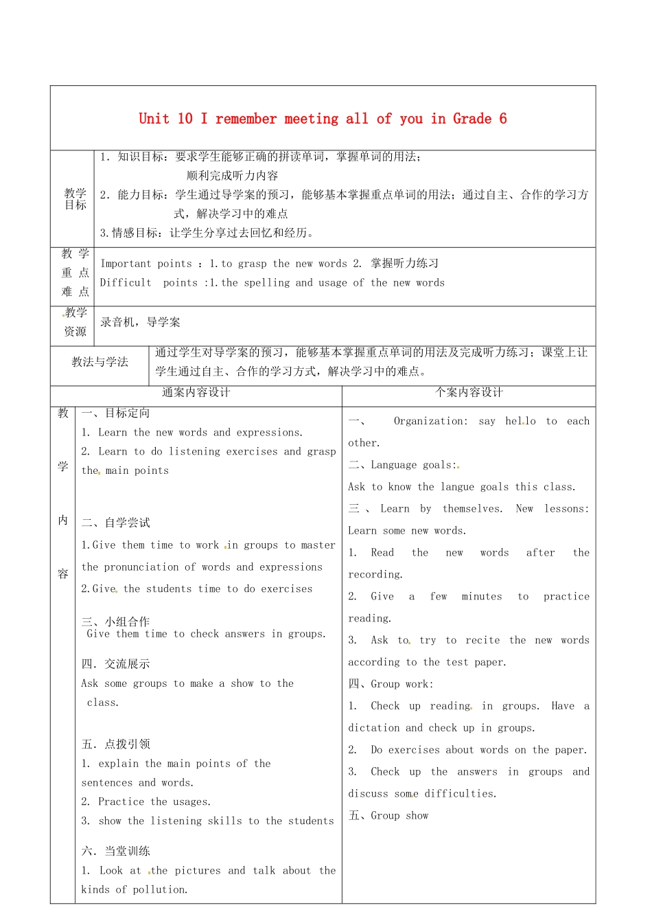 九年级英语全册 Unit 10 I remember meeting all of you in Grade 6（第1课时）教案 （新版）鲁教版五四制-鲁教版五四制初中九年级全册英语教案_第1页