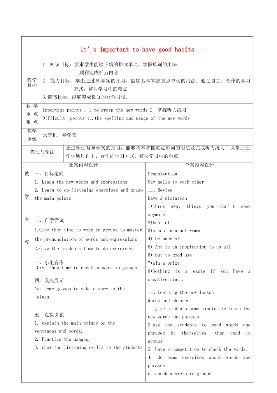 九年级英语全册 Unit 9 It's important to have habits（第1课时）教案 （新版）鲁教版五四制-鲁教版五四制初中九年级全册英语教案_第1页