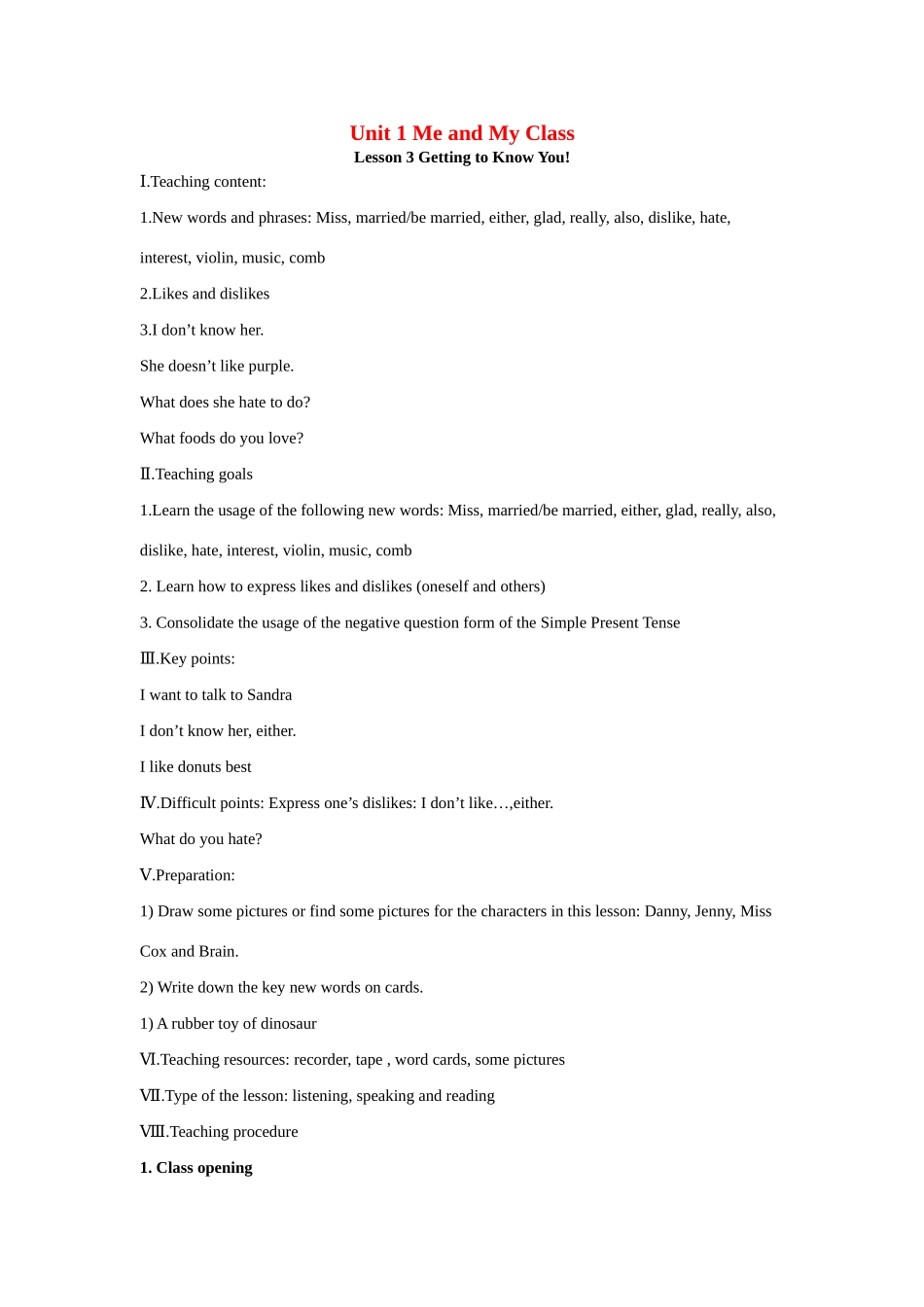 八年级英语上册 Unit 1 Me and My Class Lesson 3 Getting to Know You教案 冀教版_第1页