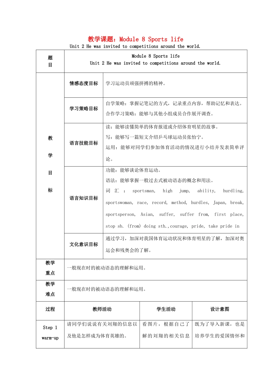 学年九年级英语上册 Module 8 Sports life Unit 2 He was invited to competitions around the world教案 （新版）外研版-（新版）外研版初中九年级上册英语教案_第1页