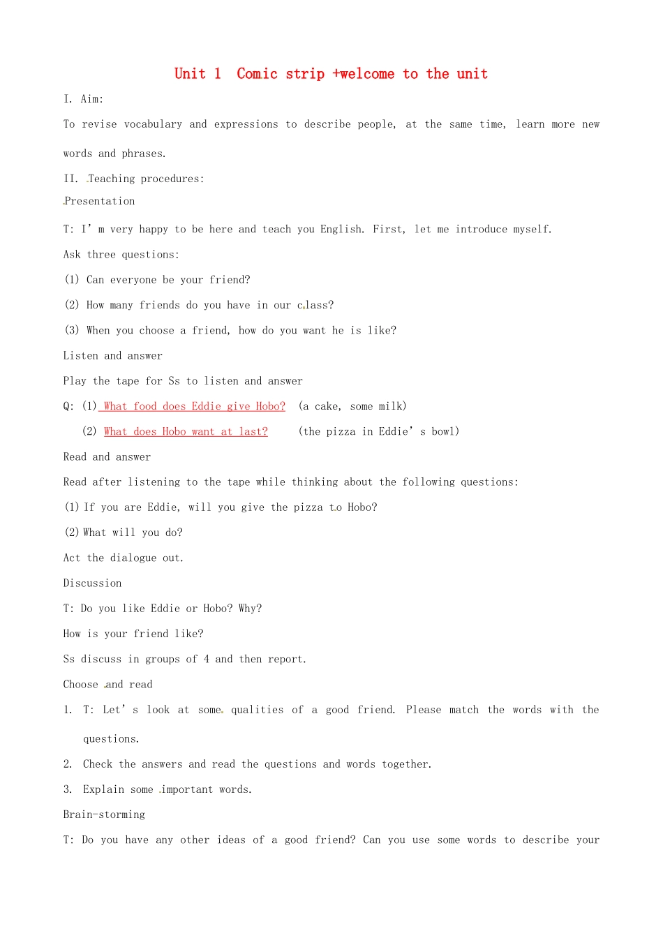 八年级英语上册 Unit 1 Friends Comic strip Welcome to the Unit教案 牛津版-牛津版初中八年级上册英语教案_第1页