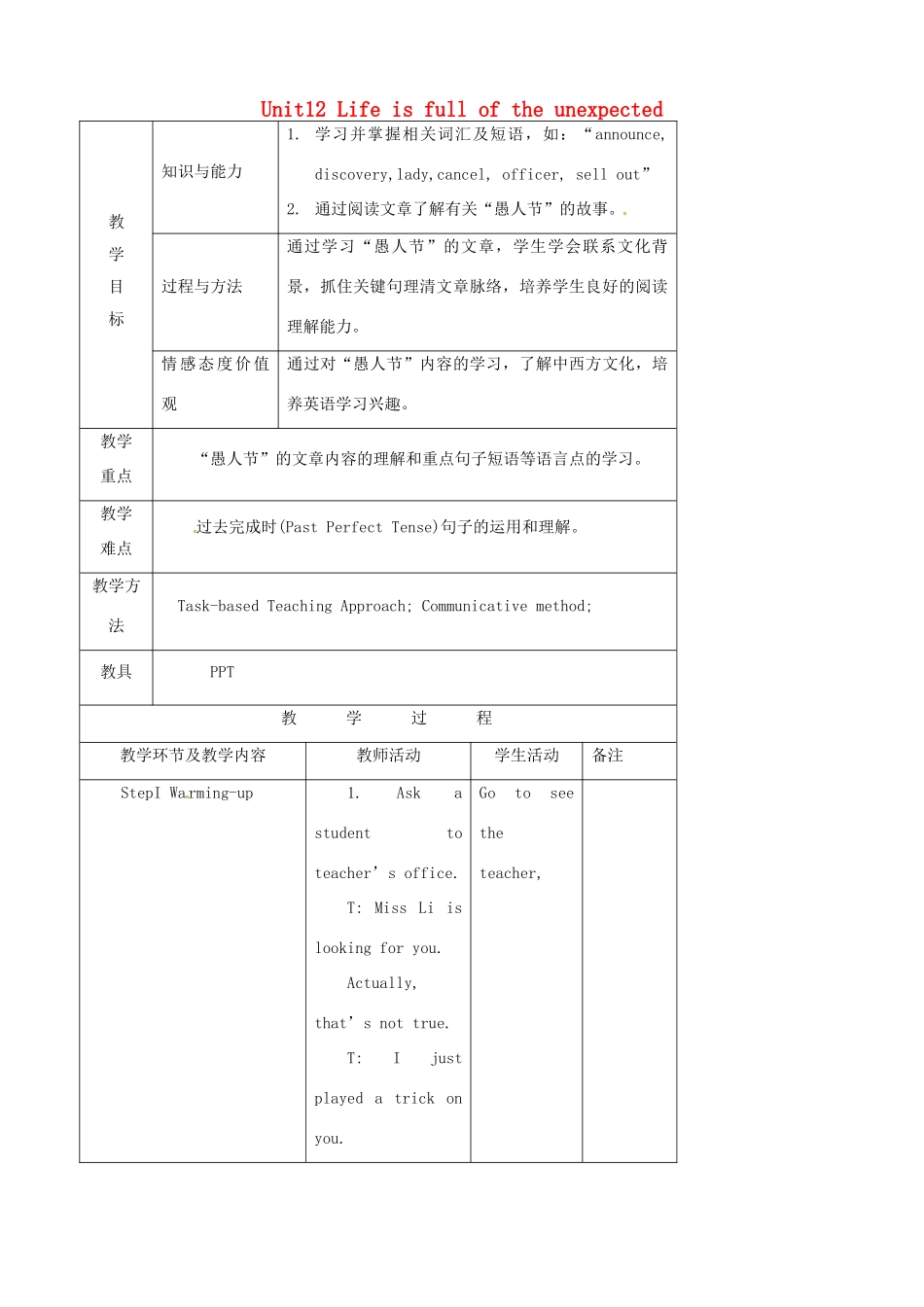 九年级英语全册《Unit 12 Life is full of the unexpected》教学设计 （新版）人教新目标版-（新版）人教新目标版初中九年级全册英语教案_第1页