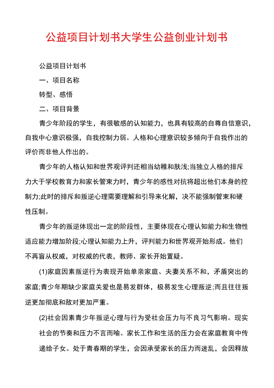 公益项目计划书大学生公益创业计划书_第1页