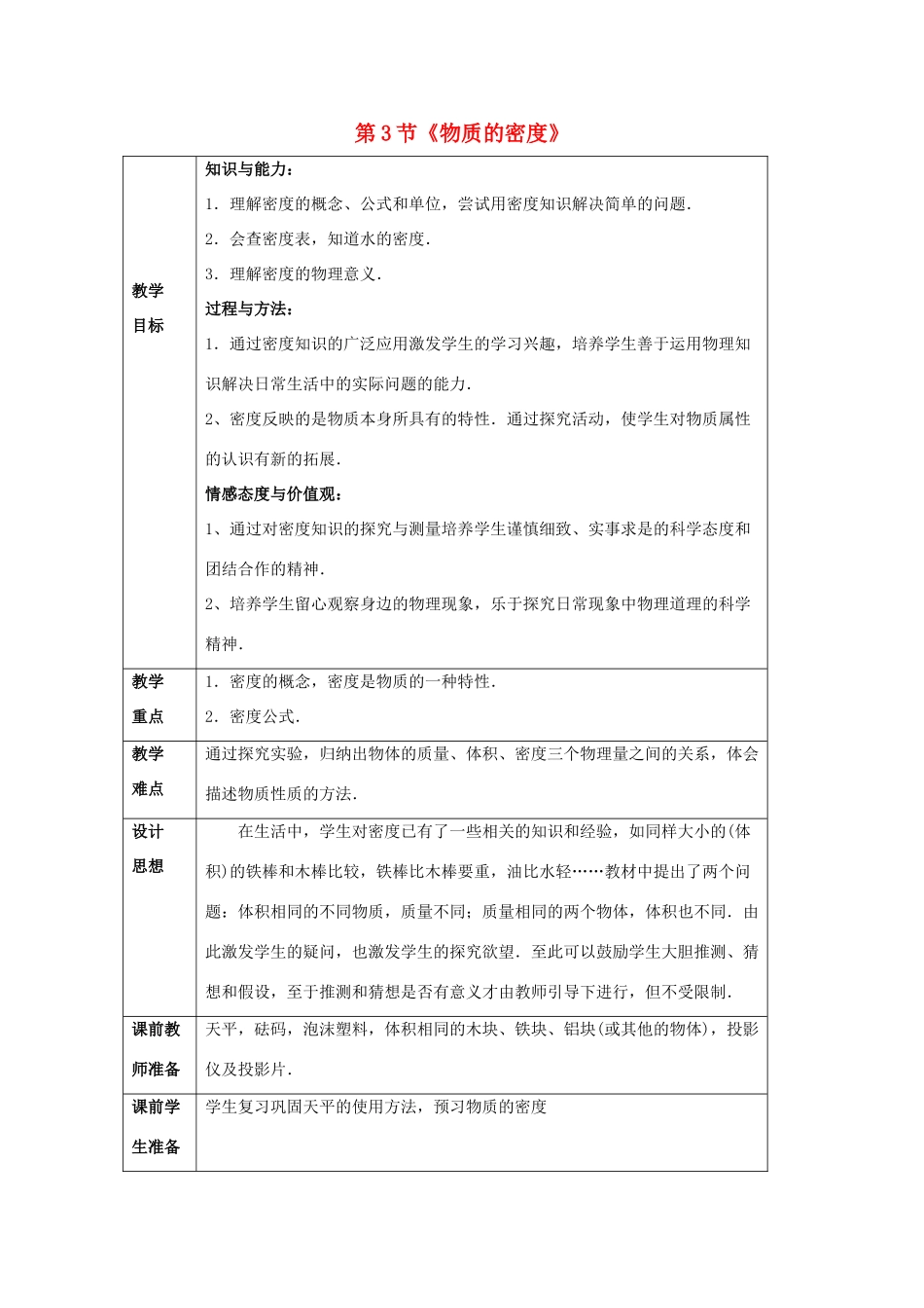 八年级物理下册 第六章 第3节《物质的密度》教学设计2 （新版）苏科版_第1页