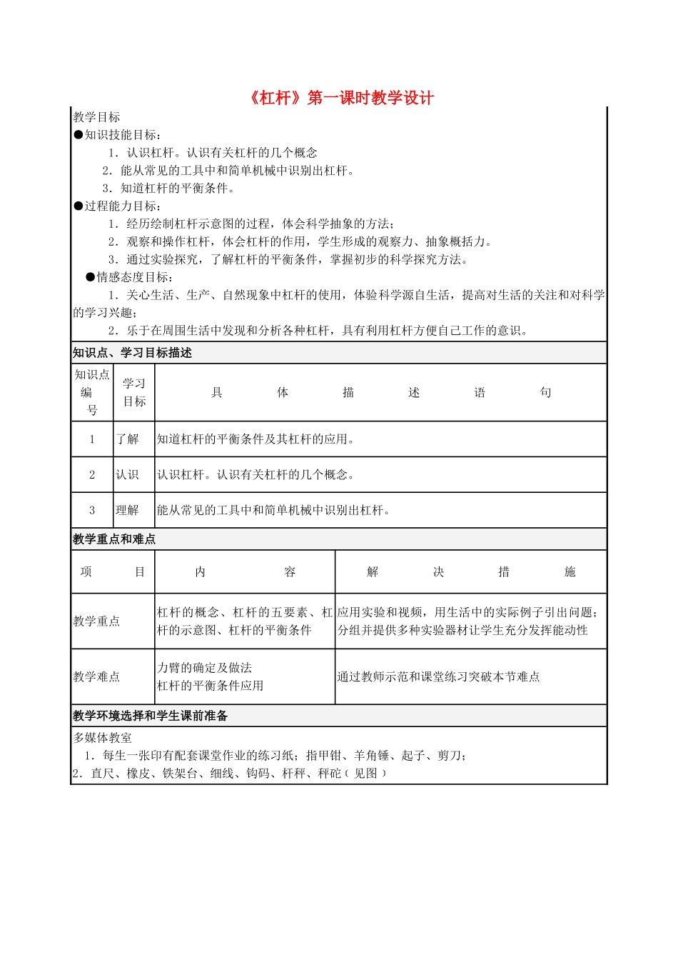 八年级物理下册 杠杆教学设计 新人教版_第1页