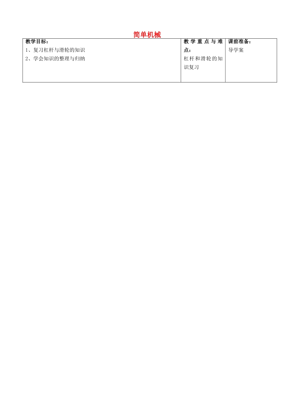 中考物理 简单机械复习教案-人教版初中九年级全册物理教案_第1页