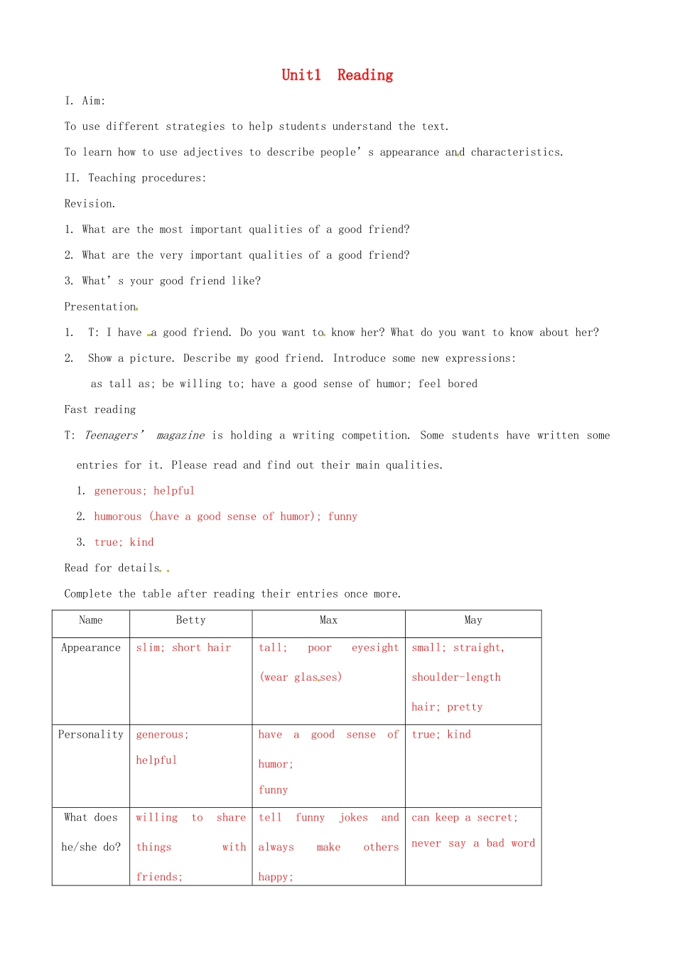 八年级英语上册 Unit 1 Friends Reading 1教案 牛津版-牛津版初中八年级上册英语教案_第1页