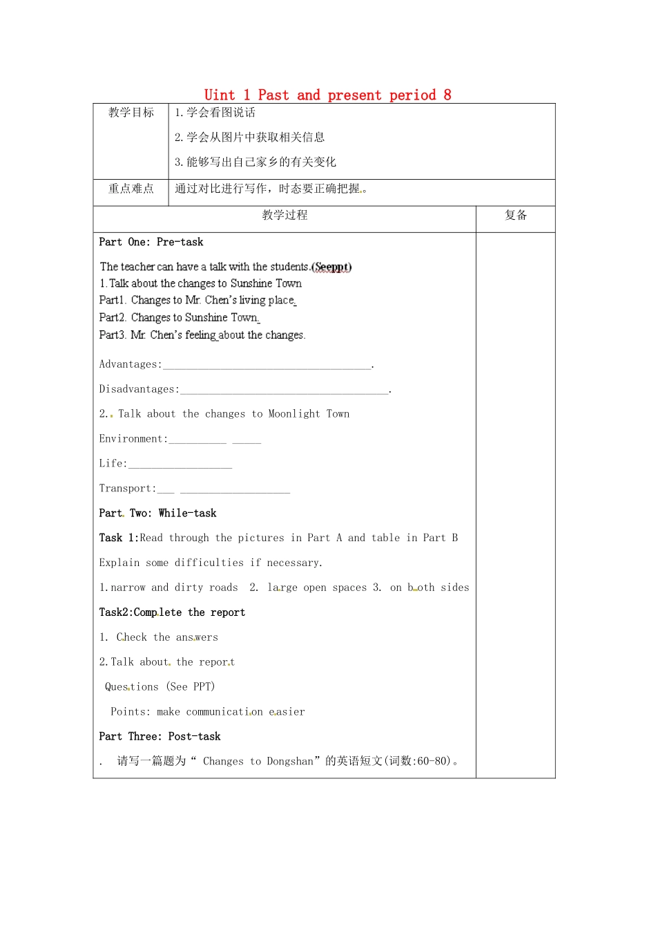 八年级英语下册 Uint 1 Past and present period 8教案 （新版）牛津版-（新版）牛津版初中八年级下册英语教案_第1页