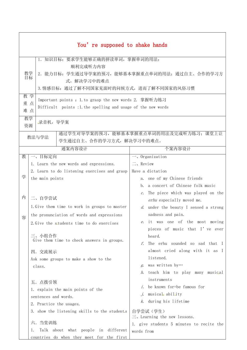 九年级英语全册 Unit 5 You’re supposed to shake hands教案1 （新版）鲁教版五四制-鲁教版五四制初中九年级全册英语教案_第1页
