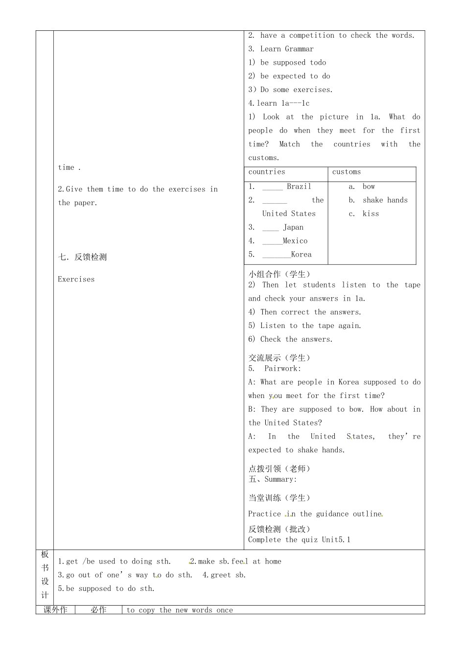 九年级英语全册 Unit 5 You’re supposed to shake hands教案1 （新版）鲁教版五四制-鲁教版五四制初中九年级全册英语教案_第2页