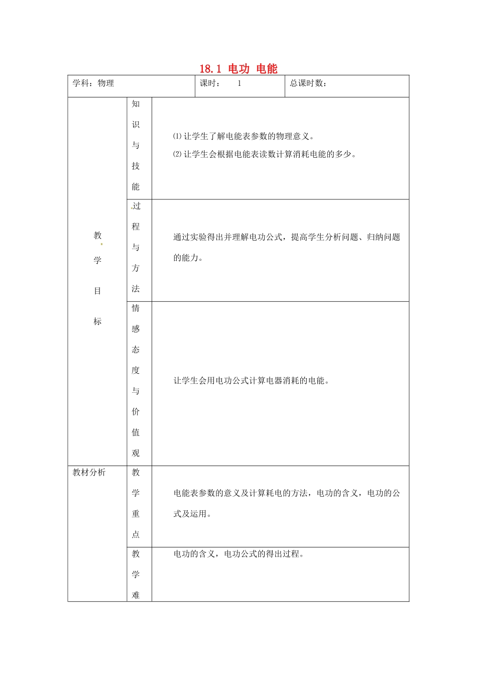吉林省四平市第十七中学九年级物理全册《18.1 电功 电能》教案 （新版）新人教版_第1页