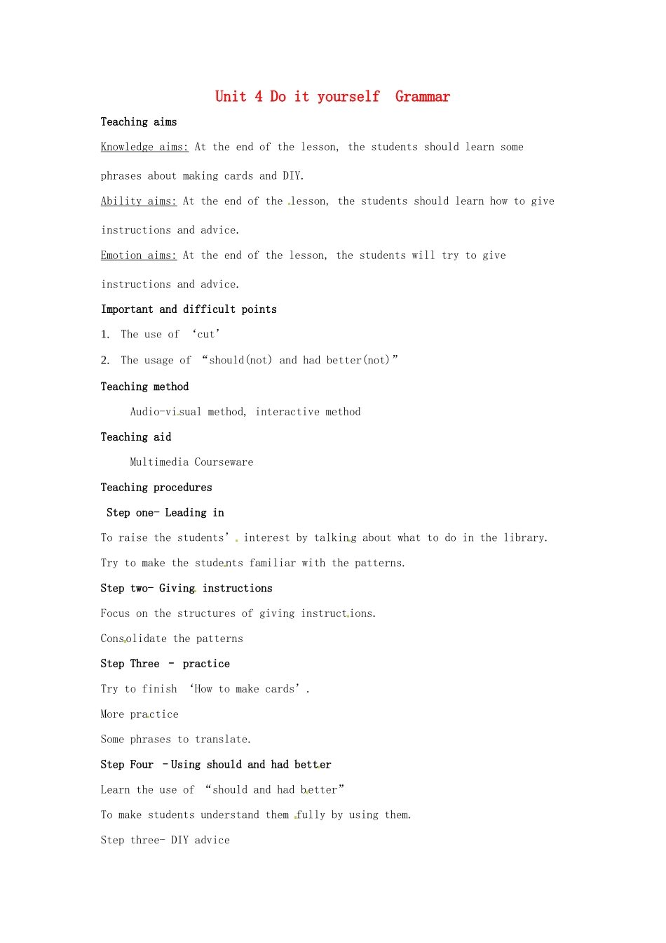 八年级英语上册 Unit 4 Do it yourself Grammar教案3 （新版）牛津版-（新版）牛津版初中八年级上册英语教案_第1页