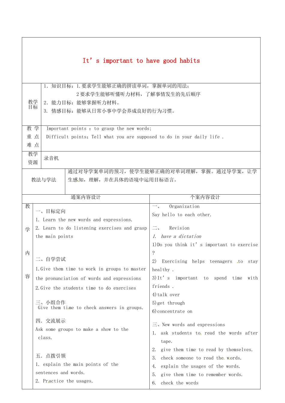 九年级英语全册 Unit 9 It's important to have habits（第2课时）教案 （新版）鲁教版五四制-鲁教版五四制初中九年级全册英语教案_第1页