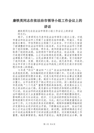 康铁英同志在依法治市领导小组工作会议上的讲话发言