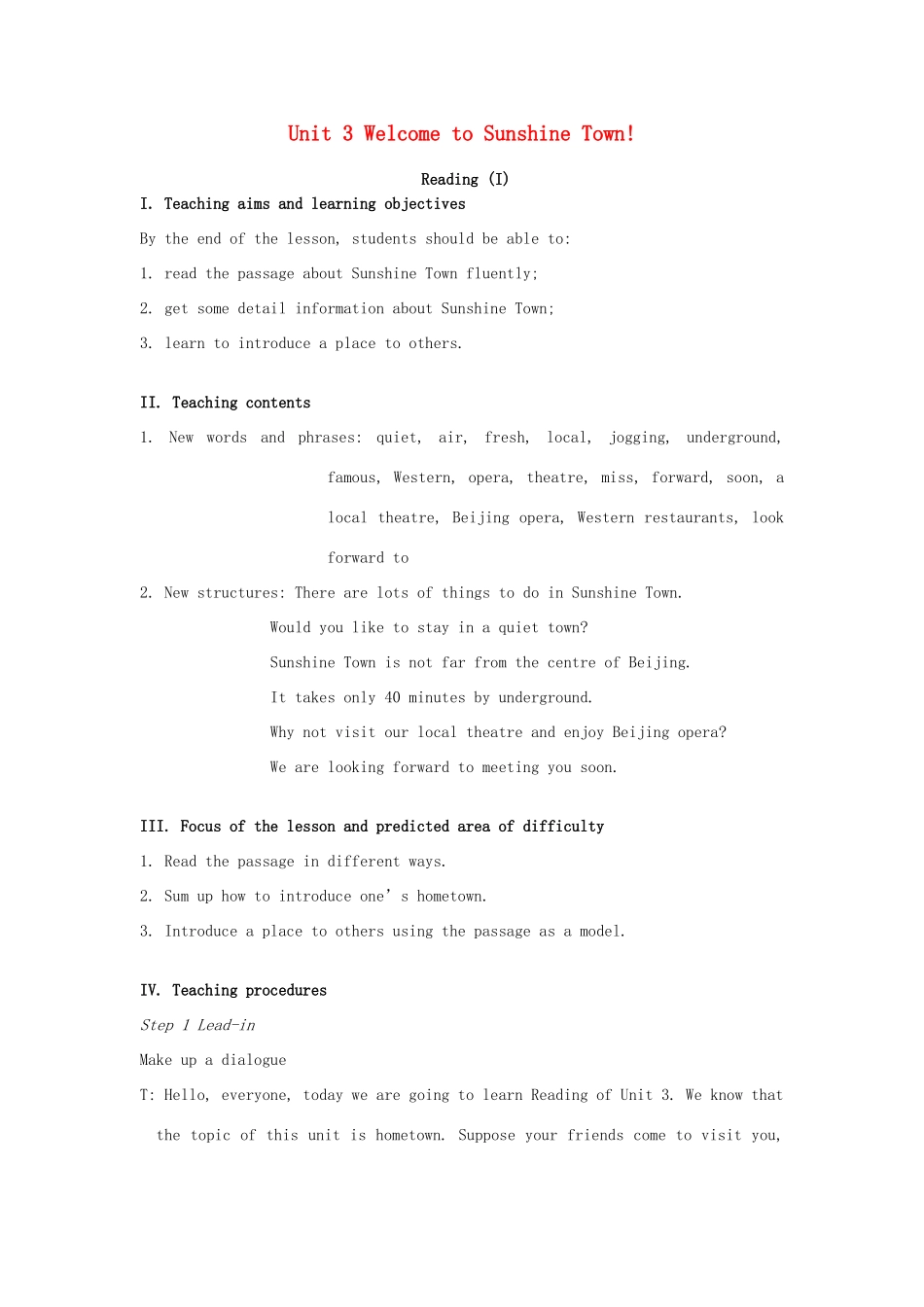 七年级英语下册 Unit 3 Welcome to Sunshine Town Reading I教案 （新版）牛津版-（新版）牛津版初中七年级下册英语教案_第1页