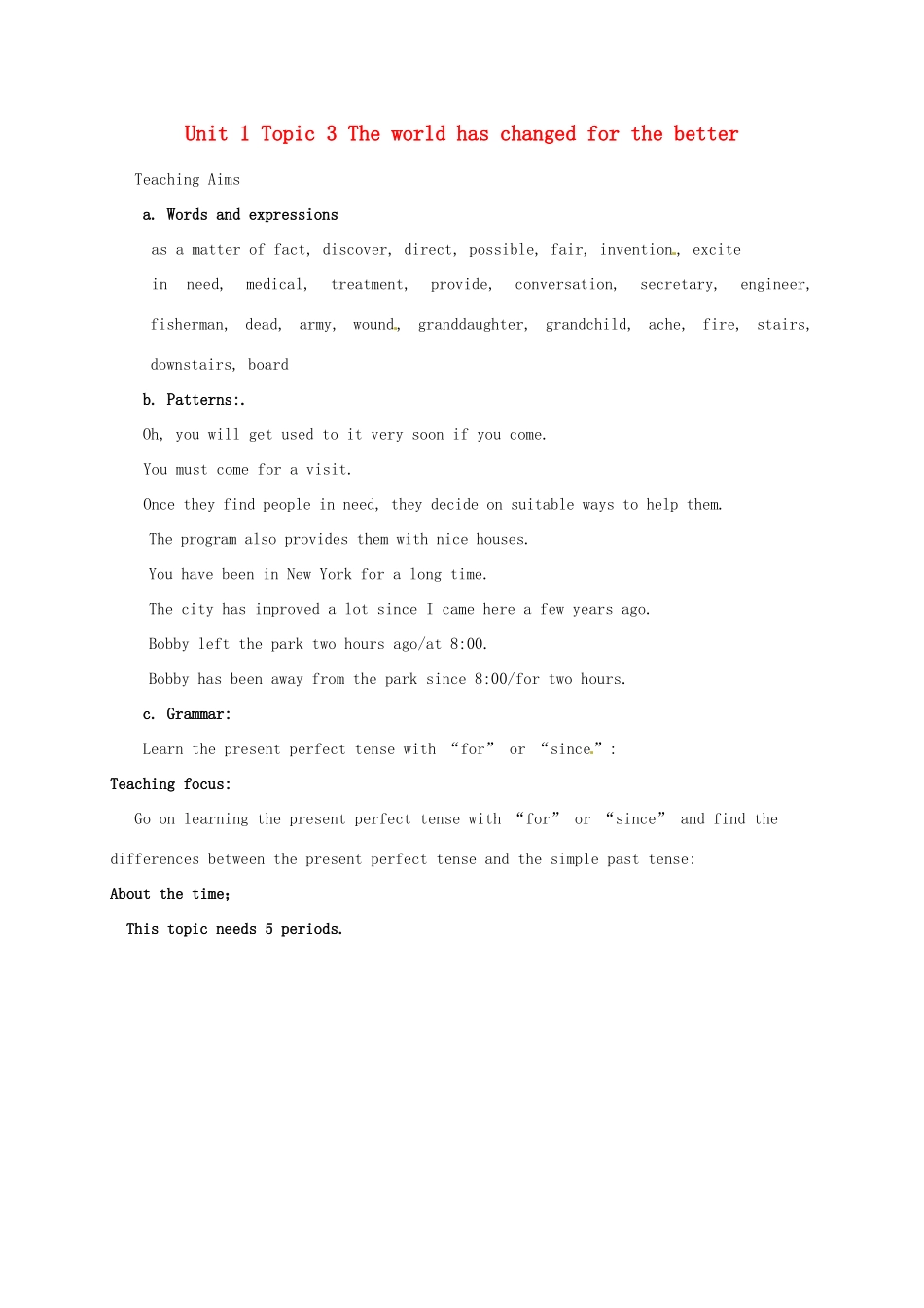 九年级英语上册 Unit 1 Topic 3 The world has changed for the better教案 （新版）仁爱版-（新版）仁爱版初中九年级上册英语教案_第1页