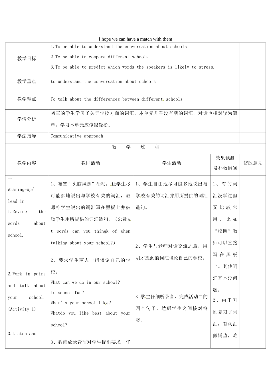 四川省华蓥市九年级英语下册《Module 2 Unit 1 I hope we can have a match with them》教案 （新版）外研版-（新版）外研版初中九年级下册英语教案_第1页