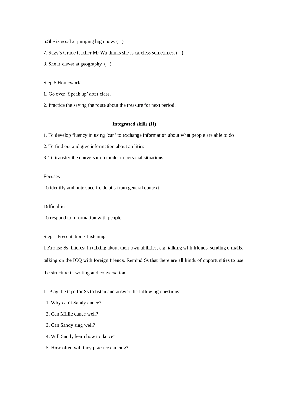 七年级英语下册：Unit 5 Abilities Integrated skills教案（译林牛津版）_第3页