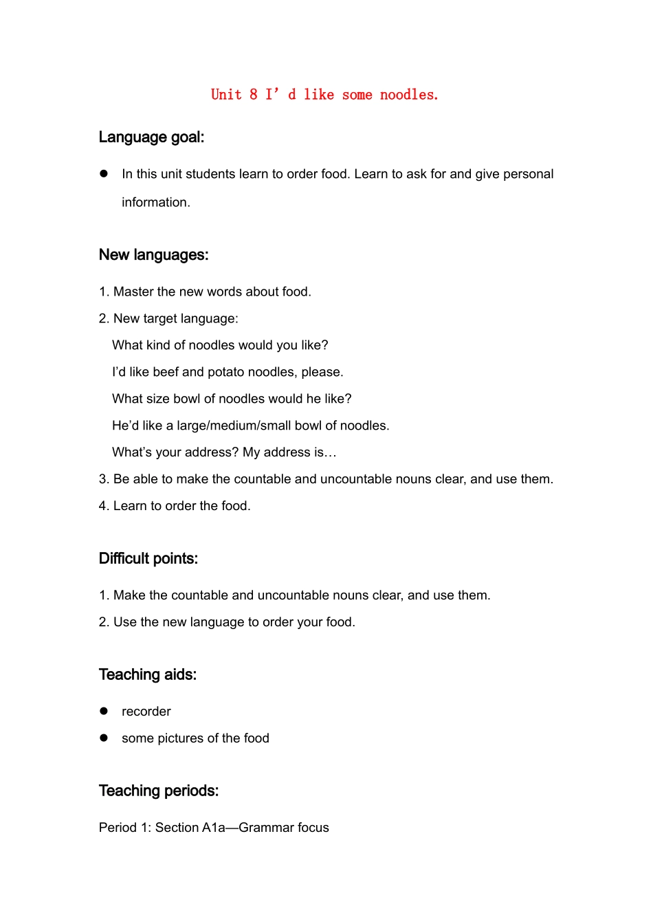 七年级英语 Unit 8 教案人教新课标版 _第1页