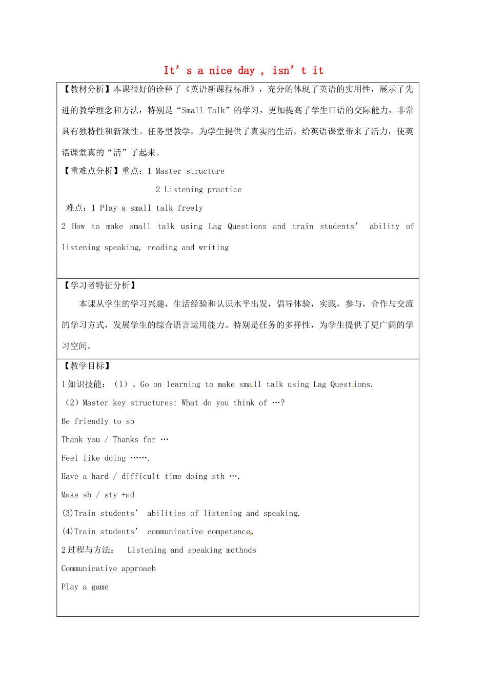 八年级英语下册 Unit 2 It’s a nice day，isn’t it Period 3教案 （新版）鲁教版五四制-鲁教版五四制初中八年级下册英语教案_第1页