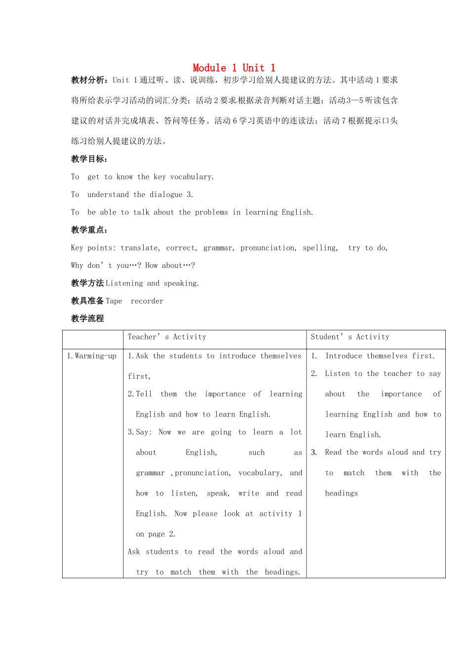 八年级英语上册 Module 1 Unit 1 Let's try to speak English as much as possible教案3 （新版）外研版-（新版）外研版初中八年级上册英语教案_第1页