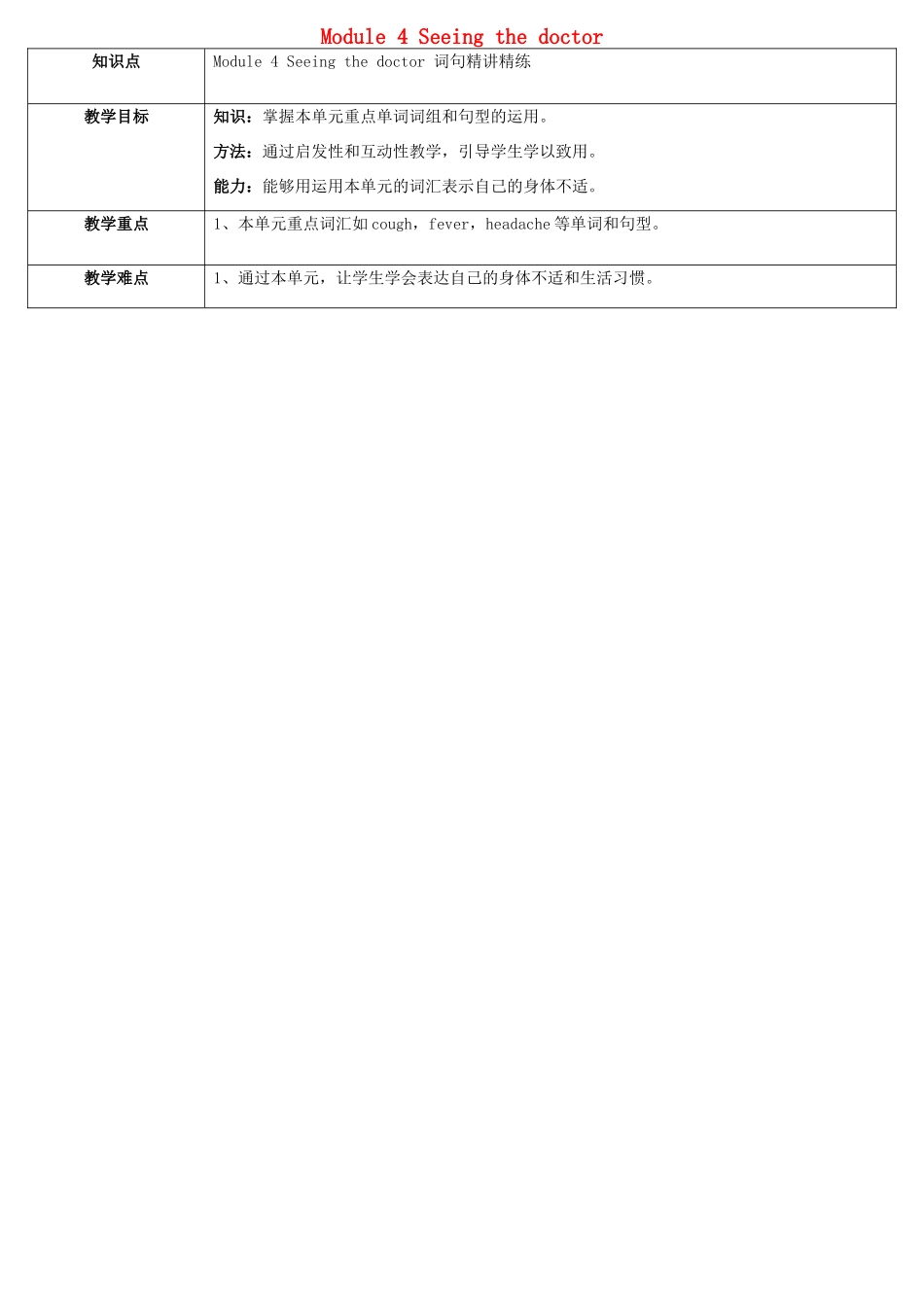 天津学大教育信息咨询有限公司八年级英语下册 Module 4 Seeing the doctor教案 （新版）外研版-（新版）外研版初中八年级下册英语教案_第1页