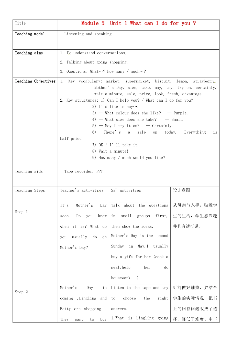 七年级英语下册 Module 5 Unit 1 What can I do for you教案 （新版）外研版-（新版）外研版初中七年级下册英语教案_第1页