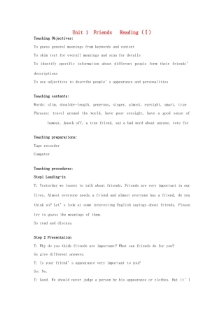八年级英语上册 Unit 1 Friends Reading Ⅰ教案 （新版）牛津版-（新版）牛津版初中八年级上册英语教案