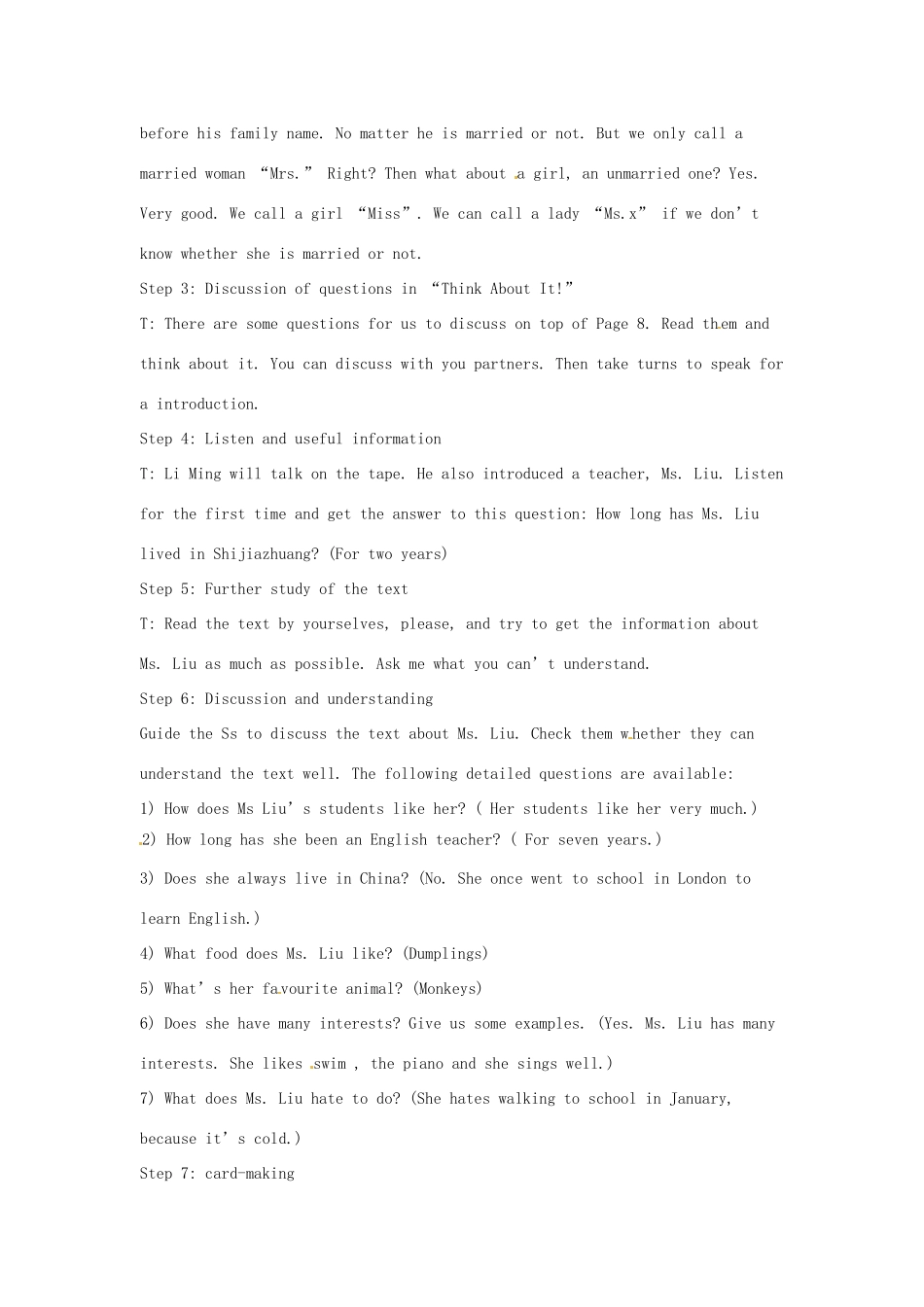 八年级英上册 Unit 1 Me and My Class Lesson 6 Meet Ms. Liu教案 冀教版_第3页