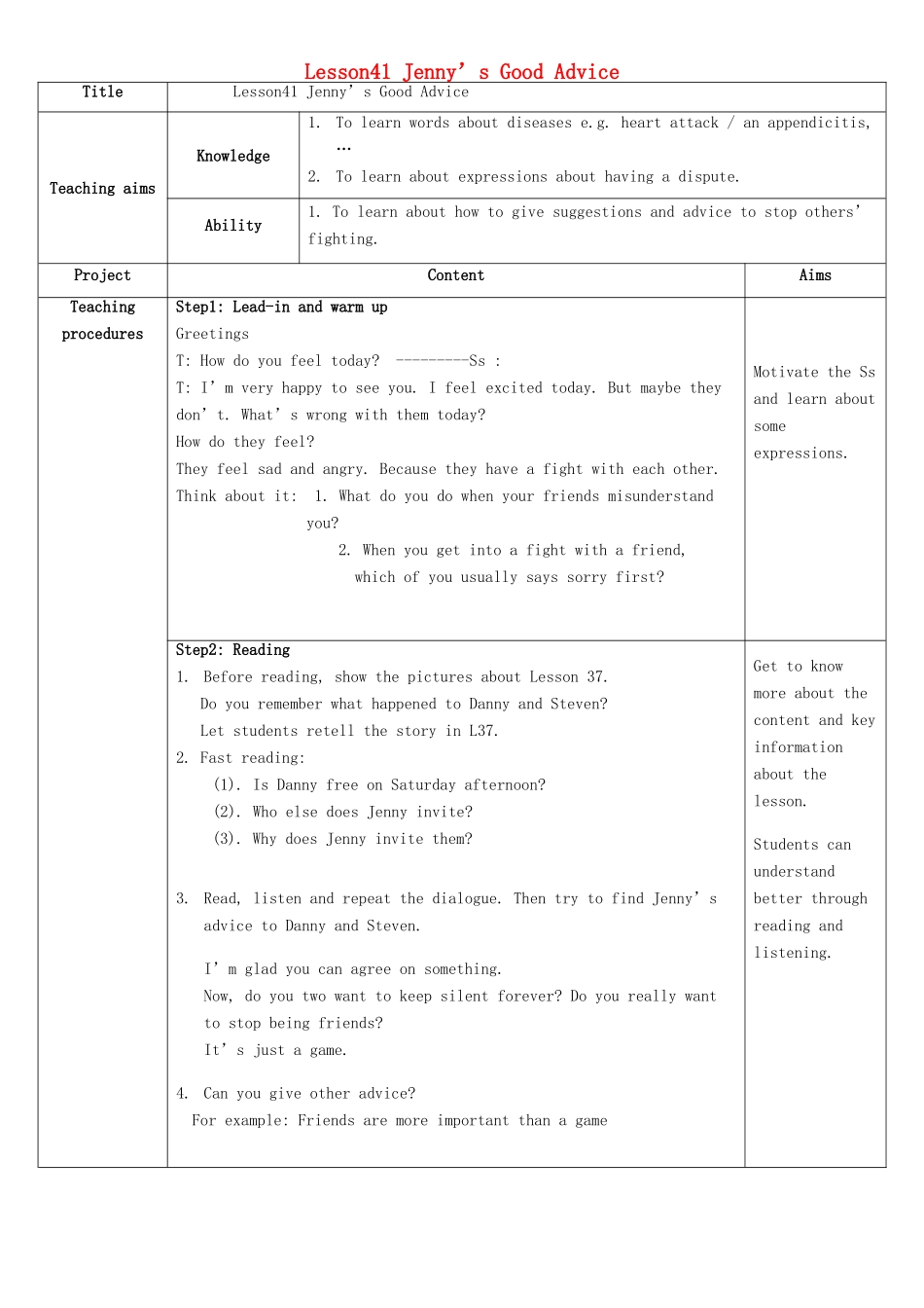 九年级英语下册 Unit 7 Lesson 41 Jenny’s Good Advice教学设计 （新版）冀教版_第1页