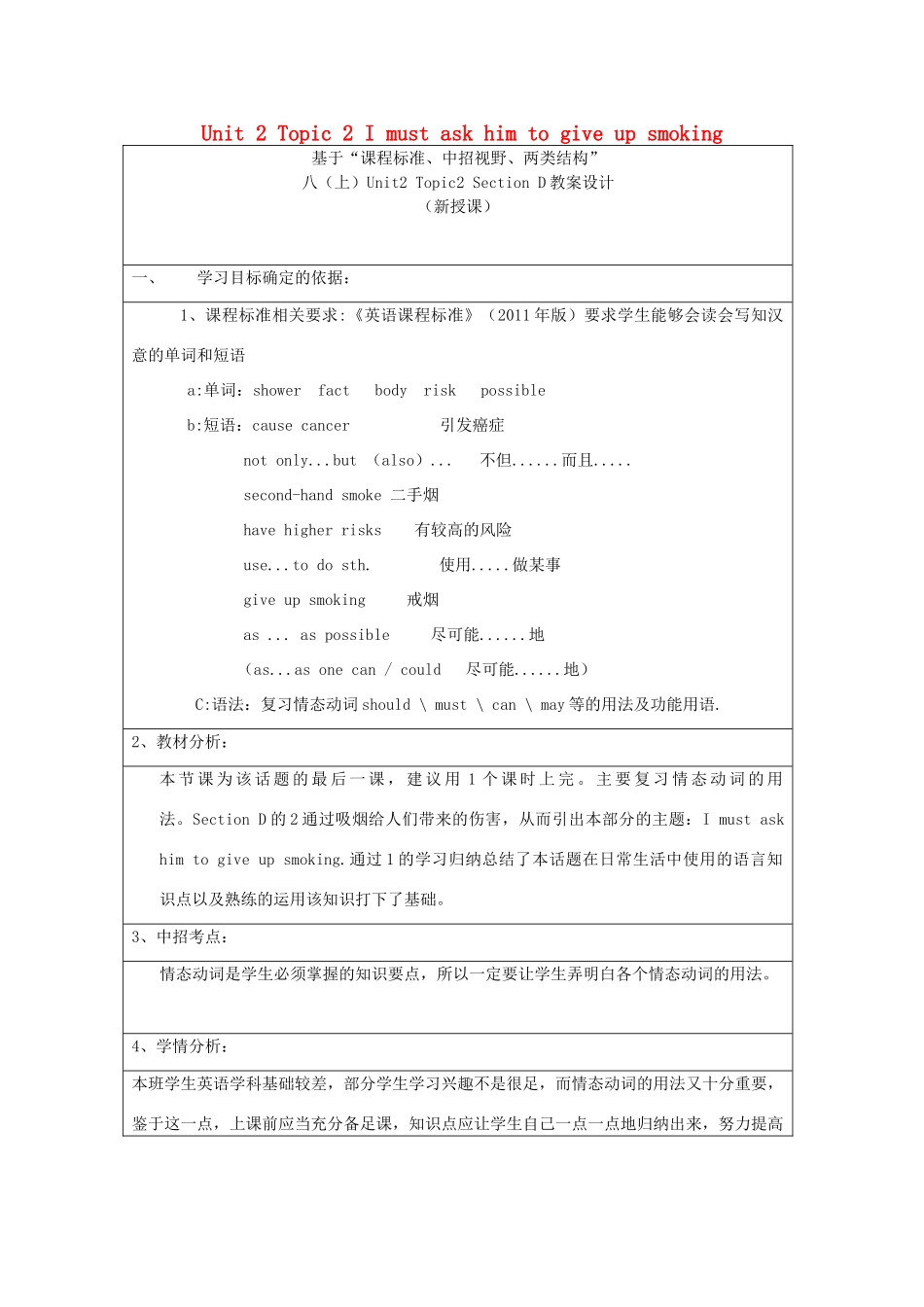 八年级英语上册 Unit 2 Keeping Healthy Topic 2 I must ask him to give up smoking Section D新授课教案 （新版）仁爱版-（新版）仁爱版初中八年级上册英语教案_第1页