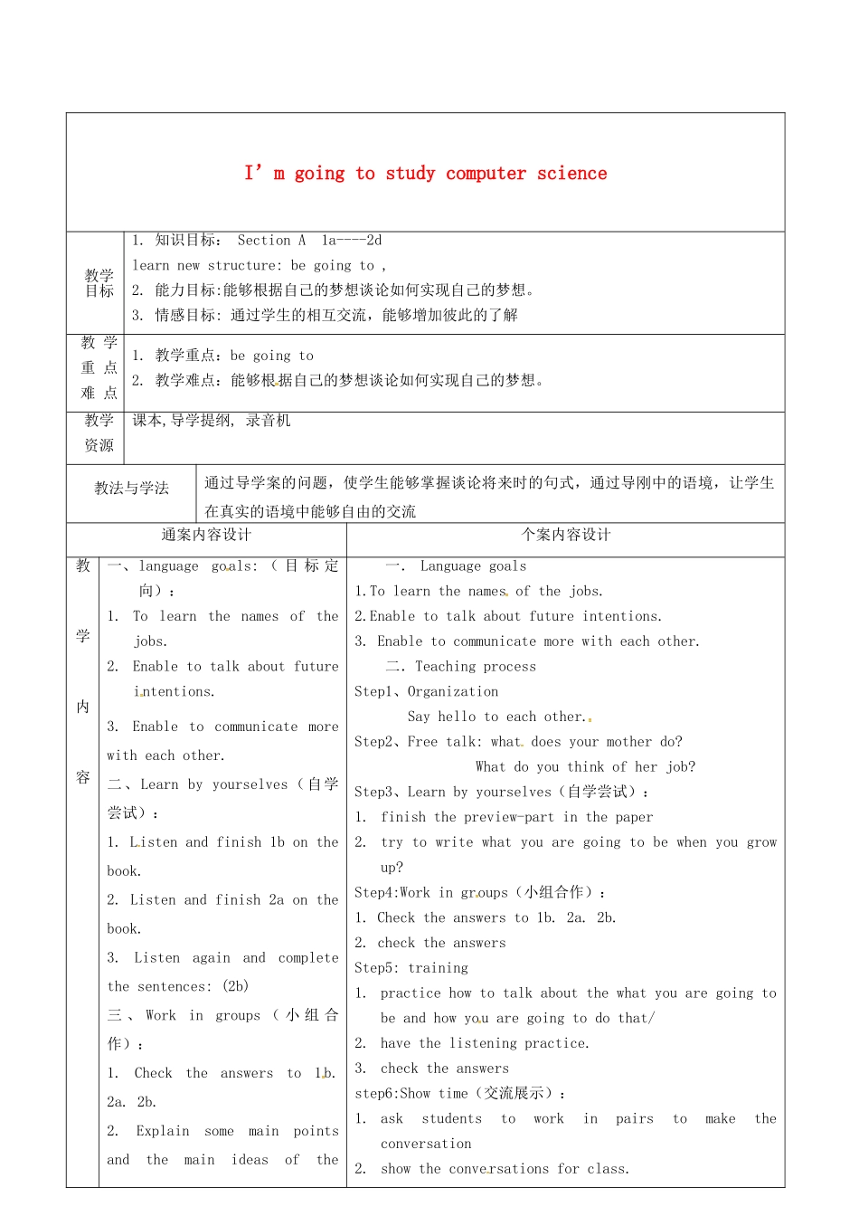 七年级英语下册 Unit 2 I’m going to study computer science教案1 鲁教版五四制-鲁教版五四制初中七年级下册英语教案_第1页