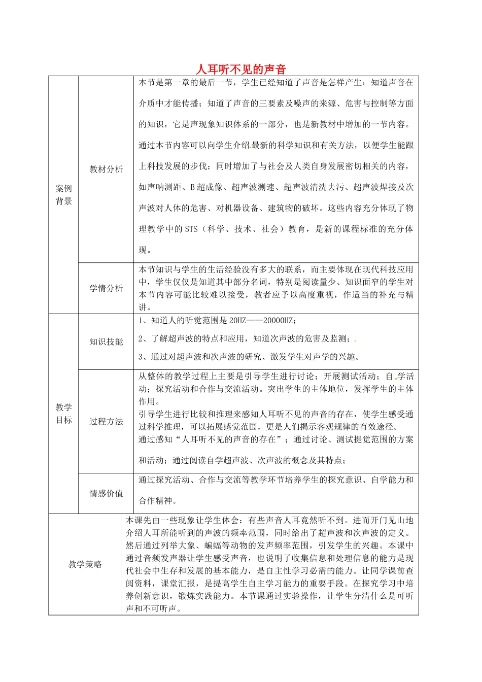 八年级物理上册《1.4 人耳听不见的声音》教案 苏科版-苏科版初中八年级上册物理教案_第1页