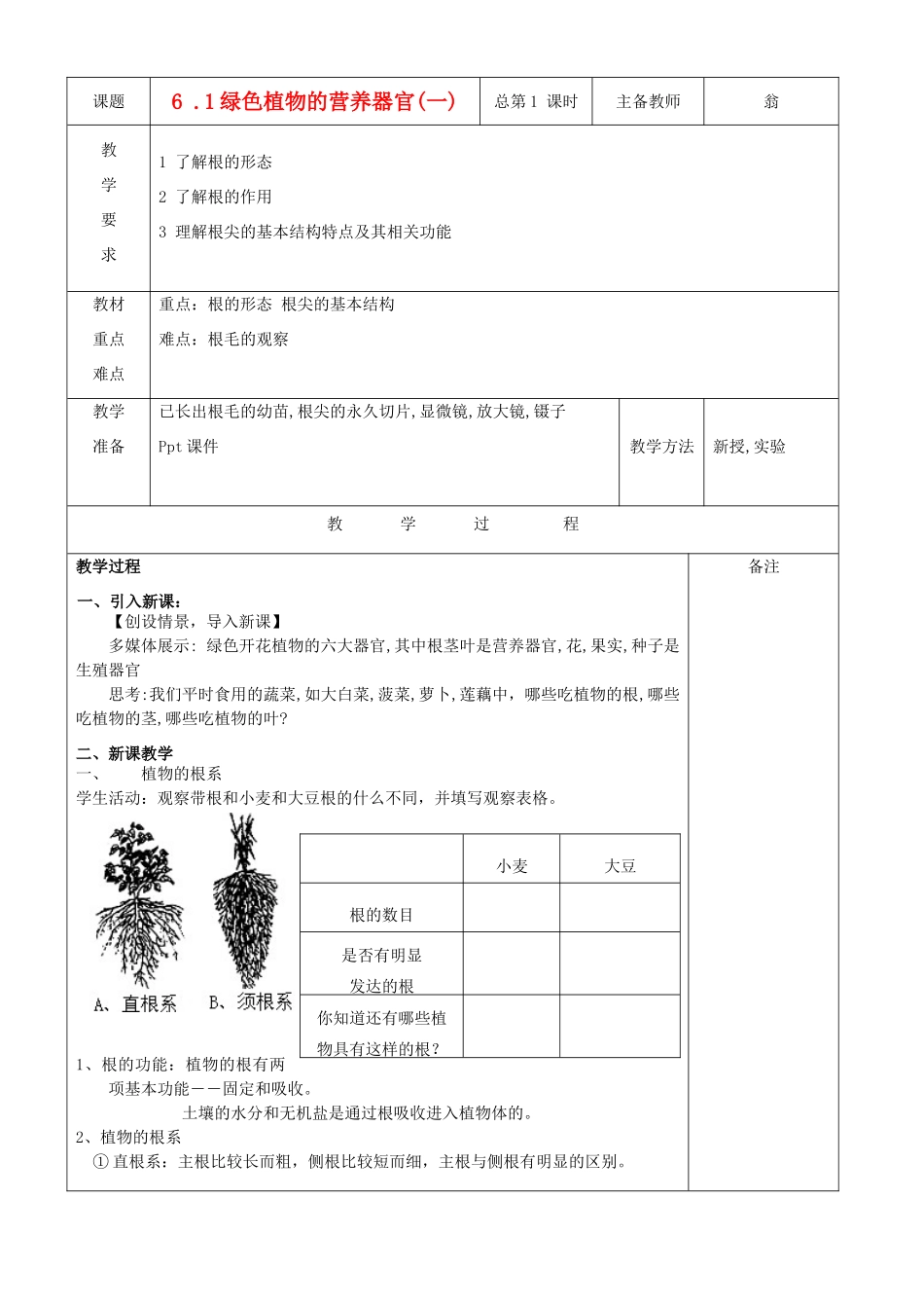 八年级科学上册 第六章 植物的新陈代谢章教案（全） 华师大版_第1页