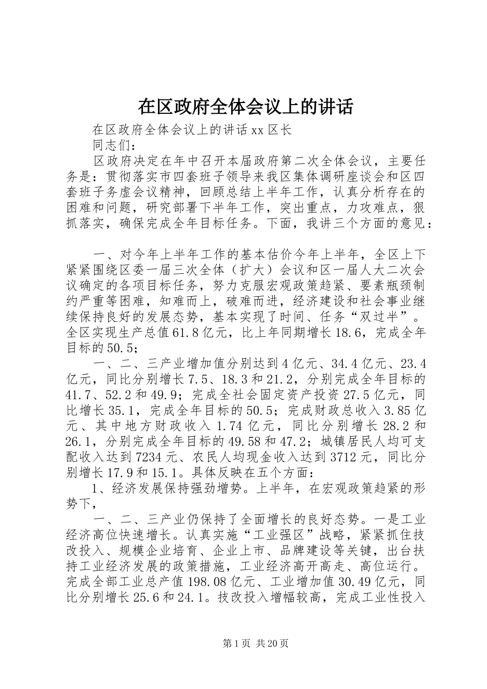 在区政府全体会议上的讲话发言_第1页