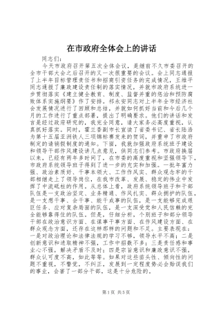 在市政府全体会上的讲话发言