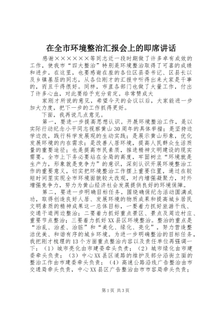 在全市环境整治汇报会上的即席讲话发言