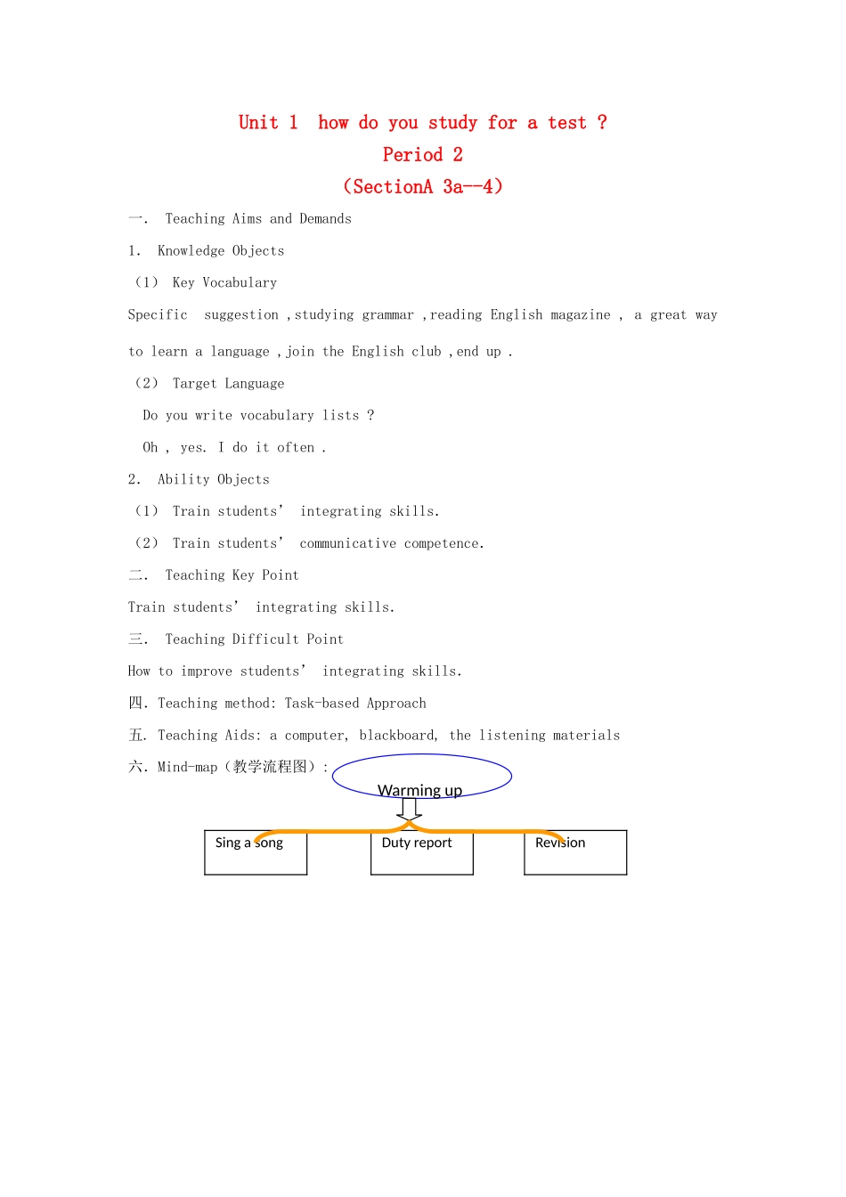 九年级英语全册 Unit 1《How do you study for a test》Period 2 Section A（3a-4）教学设计 人教新目标版_第1页