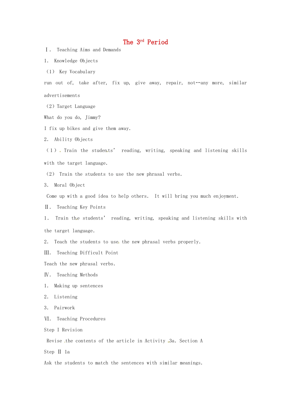 九年级英语全册《Unit 8 I’ll help clean up the city parks The 3rd Period》教案 人教新目标版-人教新目标版初中九年级全册英语教案_第1页
