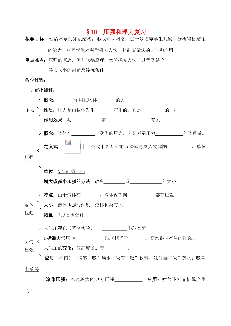 八年级物理下册 第十章 压强和浮力复习教案 苏科版_第1页