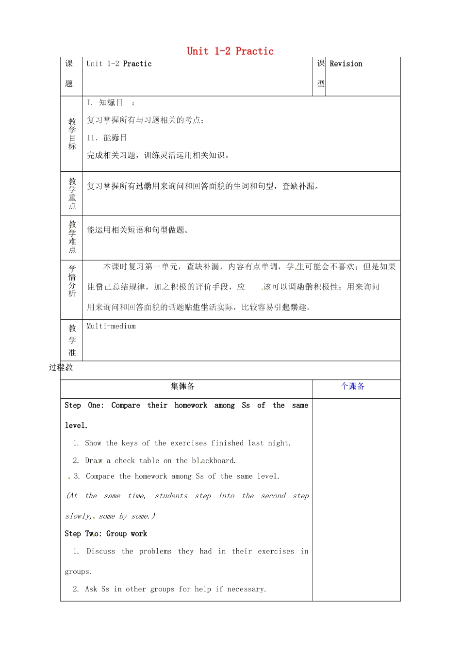 七年级英语上册《Unit 1-2 Practic》复习教案 鲁教版五四制-鲁教版五四制初中七年级上册英语教案_第1页