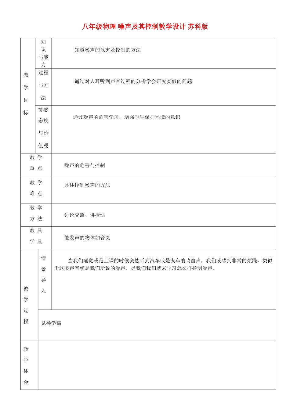 八年级物理 噪声及其控制教学设计 苏科版_第1页
