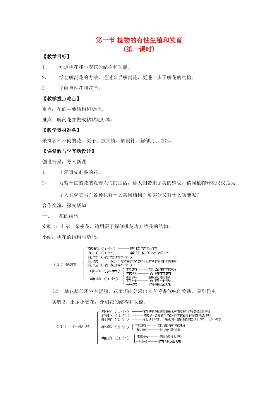 八年级科学下：7.1 植物的有性生殖和发育教案（第一课时）华东师大版_第1页