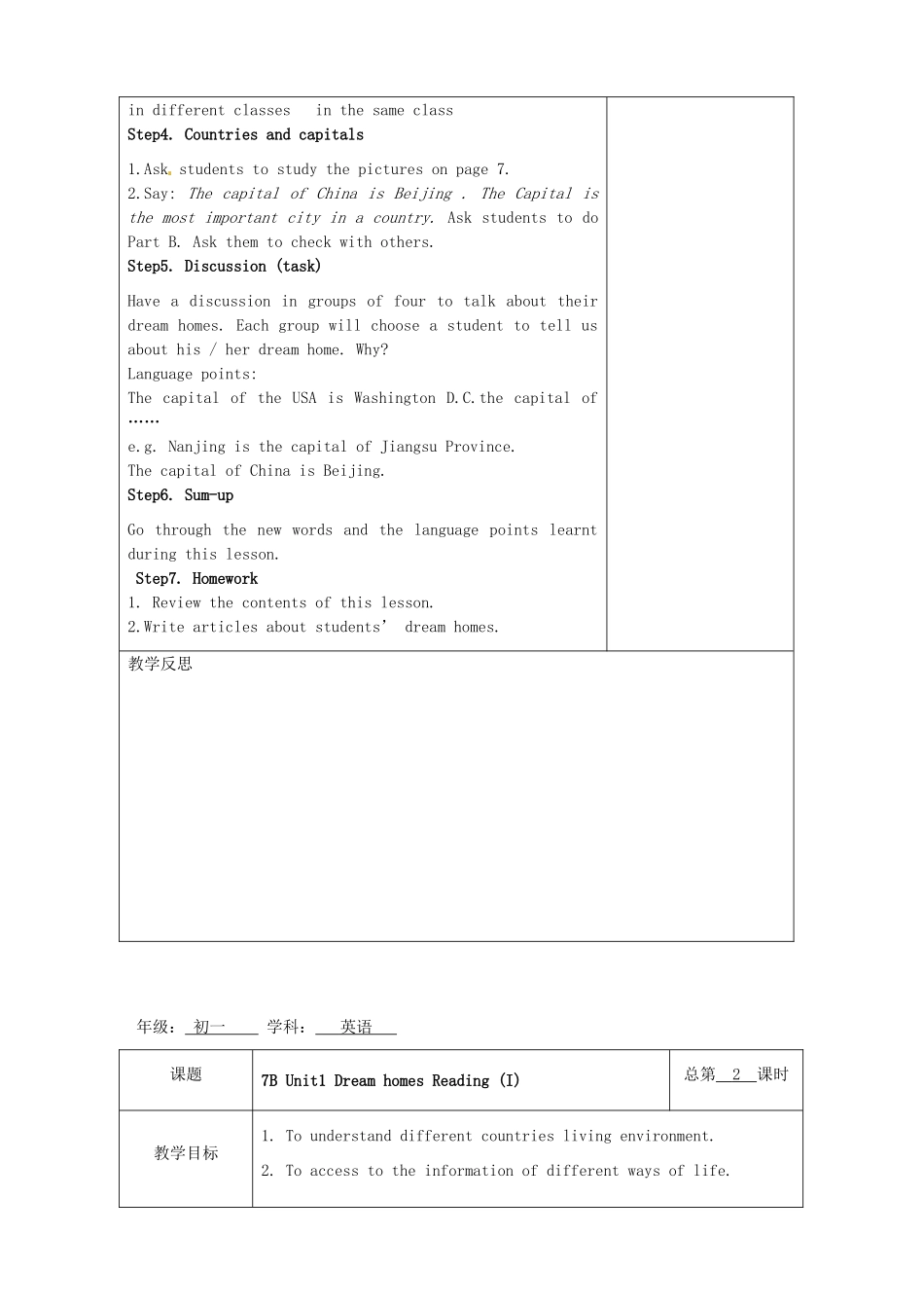 七年级英语下册 Unit 1 Dream homes教案 （新版）牛津版-（新版）牛津版初中七年级下册英语教案_第2页