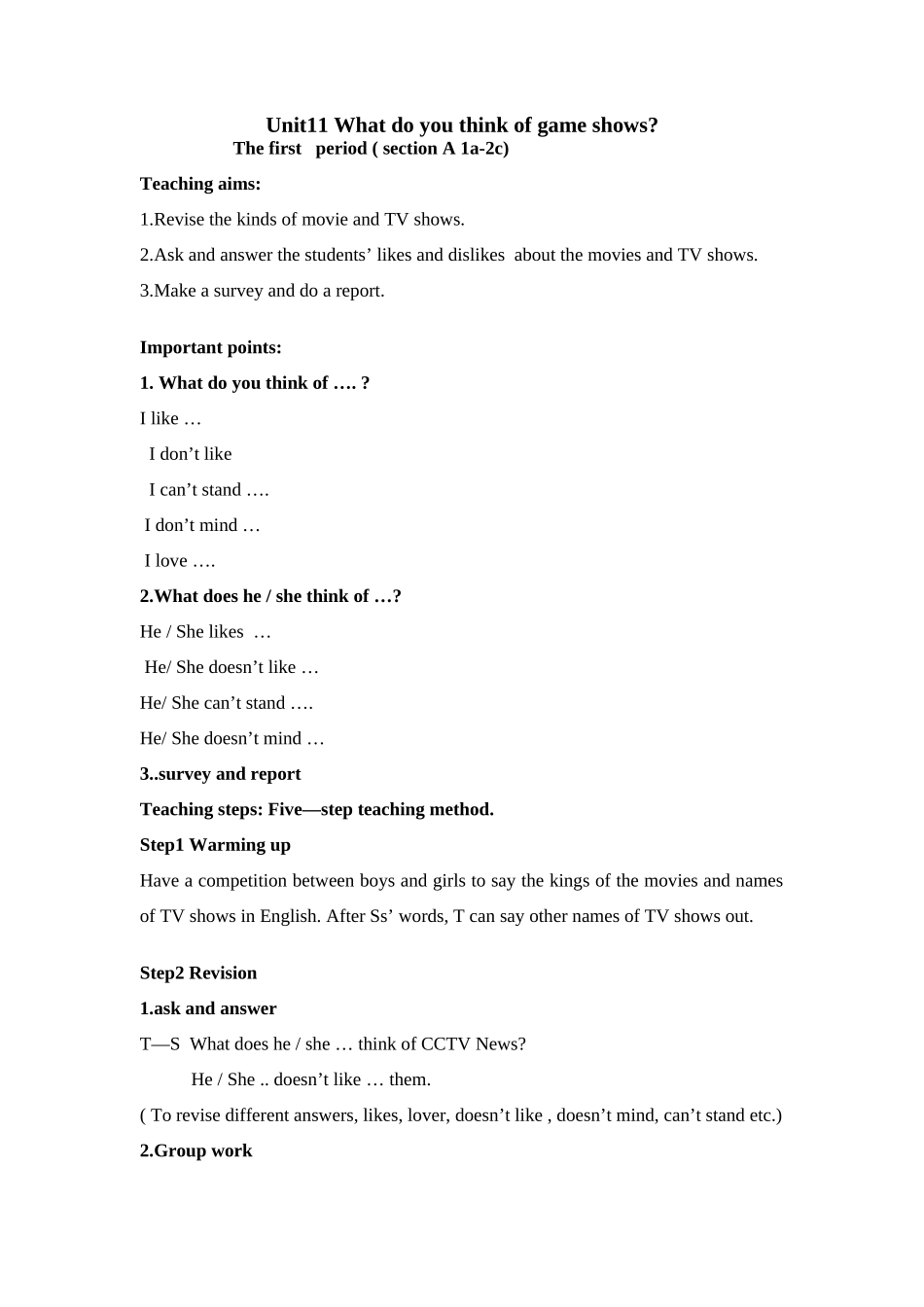 七年级英语Unit11 What do you think of game shows教案_第1页