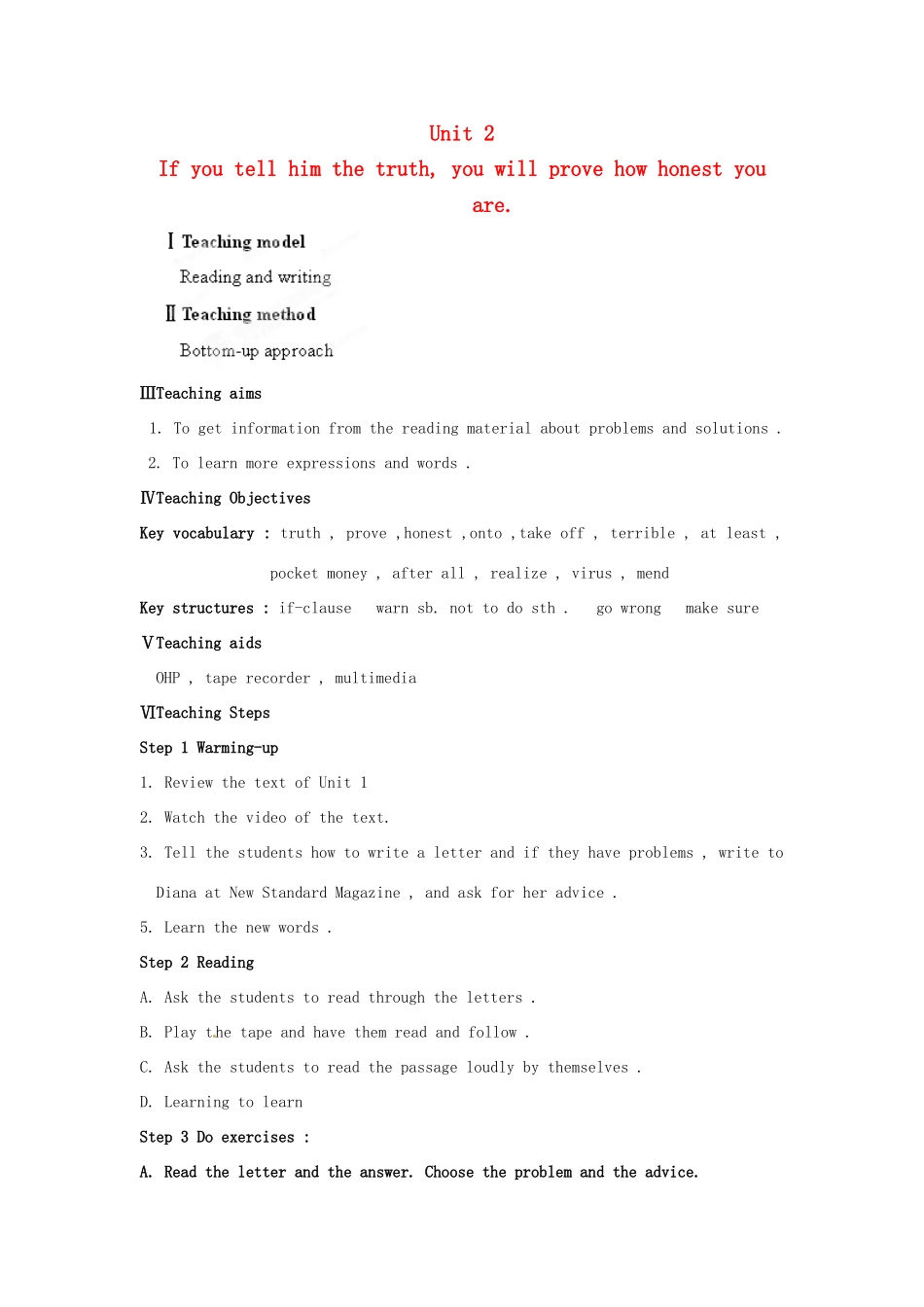 天津市武清区杨村第五中学八年级英语下册《Module 5 Problems Unit 2 If you tell him the truth, you will prove how honest you are.》教案 外研版_第1页